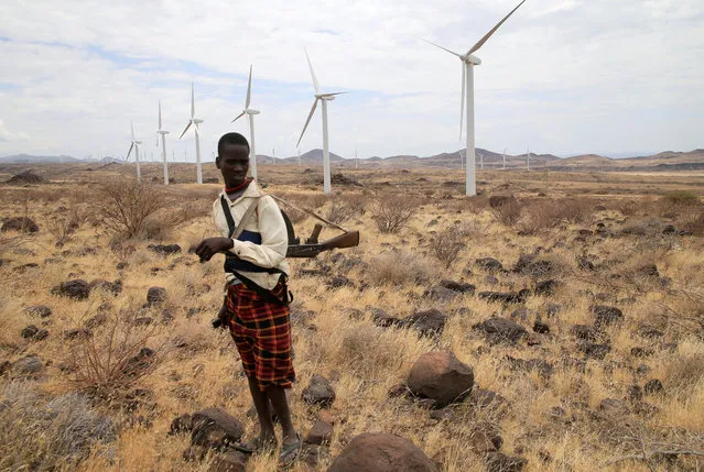A Turkana herdboy carries his gun as he follows his goats near the power-generating wind turbines at the Lake Turkana Wind Power project (LTWP) in Loiyangalani district, Marsabit County, northern Kenya, September 4, 2018. (Photo by Thomas Mukoya/Reuters)