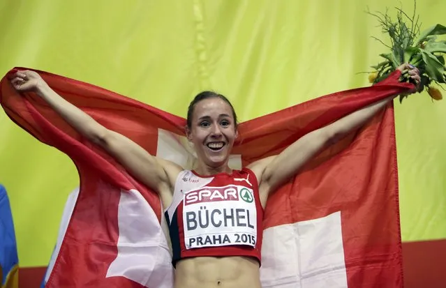 Selina Buchel of Switzerland celebrates after winning the women's 800 metres final during the European Indoor Championships in Prague March 8, 2015. REUTERS/David W Cerny (CZECH REPUBLIC  - Tags: SPORT ATHLETICS)  