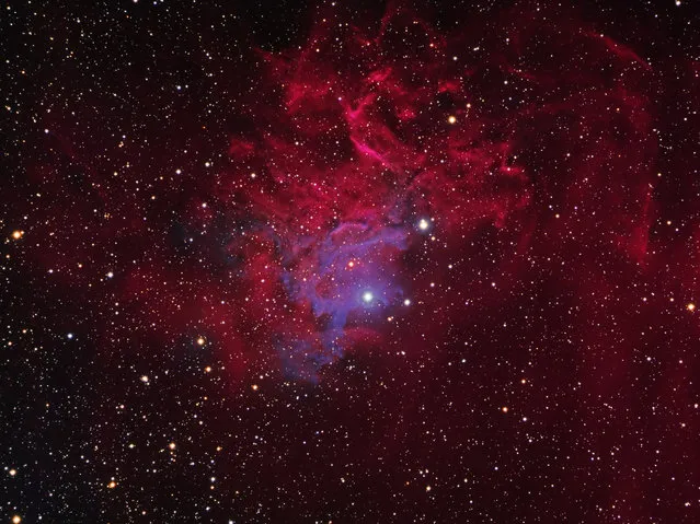 IC405 also known as the Flaming Star Nebula, SH 2-229,  is an emission/reflection nebula in the constellation Auriga, surrounding the bluish star AE Aurigae. It shines at magnitude +6.0. Its celestial coordinates are RA 05, 16.2   Dec +34° 28′. It surrounds the irregular variable star AE Aurigae and is located near the emission nebula IC 410. The nebula measures approximately 37.0′ x 19.0′, and lies about 1,500 light-years from Earth.  The nebula is about 5 light-years across. (Bill Snyder)