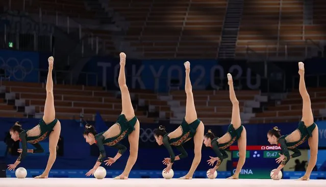 Team China competes in the group all-around qualification of the Rhythmic Gymnastics event during Tokyo 2020 Olympic Games at Ariake Gymnastics centre in Tokyo, on August 7, 2021. (Photo by Mike Blake/Reuters)