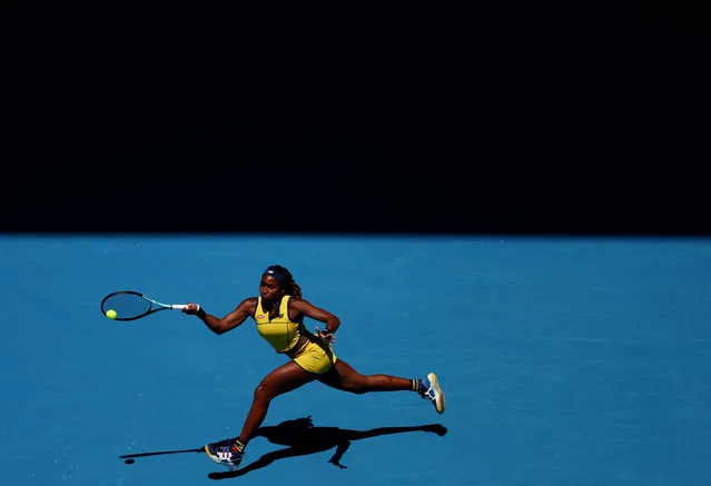 Coco Gauff of the United States plays a forehand in their quarterfinals singles match against Marta Kostyuk of Ukraine during day ten of the 2024 Australian Open at Melbourne Park on January 23, 2024 in Melbourne, Australia. (Photo by Eloisa Lopez/Reuters)