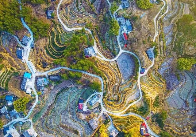 The aerial view shows terraced hills at Helin village in Anqing, in eastern China's Anhui province on January 12, 2024. (Photo by AFP Photo/China Stringer Network)