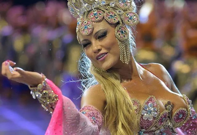 A reveler of the Rosas de Ouro samba school performs during the first night of carnival parade at the Sambadrome in Sao Paulo, Brazil on March 01, 2014. (Photo by Nelson Almeida/AFP Photo)