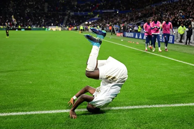 Lyon's Ghanaian forward #37 Ernest Nuamah celebrates after scoring a goal  during the French L1 football match between Olympique Lyonnais (OL) and Stade de Reims at The Groupama Stadium in Decines-Charpieu, central-eastern France on March 30, 2024. (Photo by Olivier Chassignole/AFP Photo)