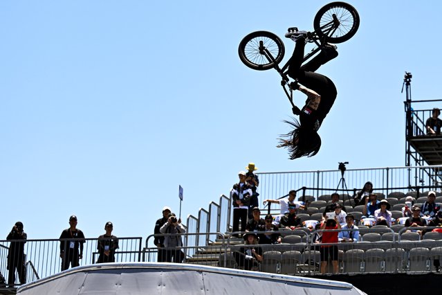 Macarena Perez Grasset of Chile competes during the Cycling BMX Freestyle Women's Park Qualification on day two during the Olympic Qualifier Series on on May 17, 2024 in Shanghai, China. (Photo by Fred Lee/Getty Images)