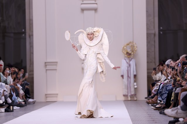 Anna Cleveland wears a creation for the Thom Browne Haute Couture Fall-Winter 2024-2025 collection presented Monday, June 24, 2024 in Paris. (Photo by Vianney Le Caer/Invision/AP Photo)