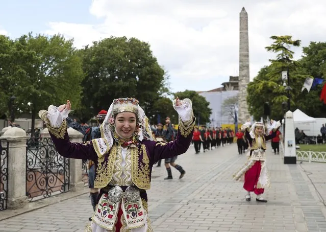 1919 youth play harmandali to mark 19th May Commemoration of Ataturk, Youth and Sports Day Sultanahmet Square in Istanbul, Turkiye on May 19, 2022. (Photo by Arife Karakum/Anadolu Agency via Getty Images)