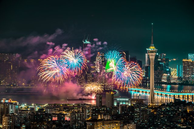 Fireworks light up the night sky during the 32nd Macao International Fireworks Display Contest on September 14, 2024 in Macao, China. (Photo by VCG/VCG via Getty Images)