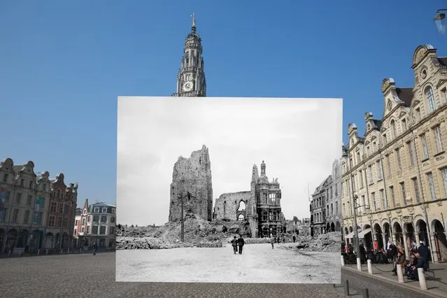 People walk near Place des Heros on March 14, 2014 in Arras, France. Inset: the town hall and the belfry of Arras in ruins, seen from the main square, Pas-de-Calais. (Photo by Peter Macdiarmid/Getty Images)