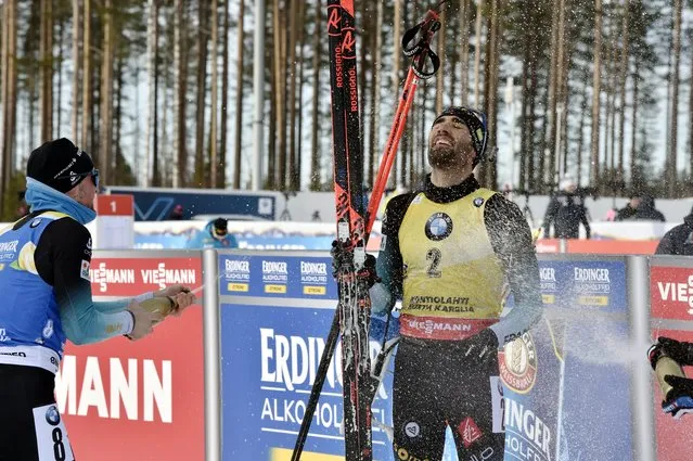 Martin Fourcade of France celebrates his victory and end of career after the men's 12,5 km Pursuit competition at the IBU Biathlon World Cup in Kontiolahti, Finland, on March 14, 2020. Fourcade ends his career now at the end of the season in Kontiolahti where he took his first World Cup victory exactly 10 years ago on March 14, 2010. (Photo by Jussi Nukari/Lehtikuva/AFP Photo)