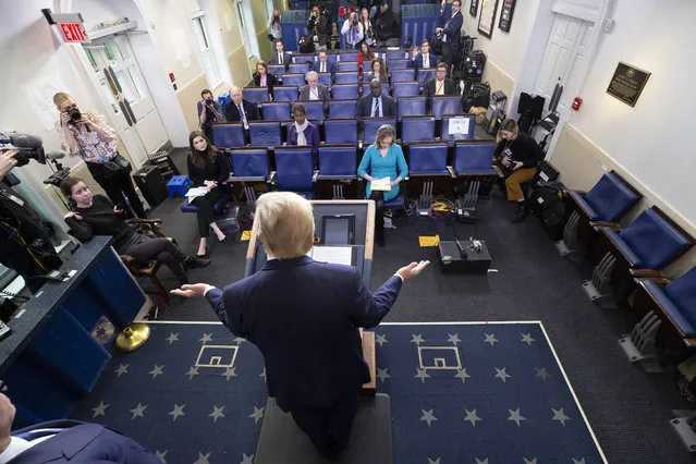 President Donald Trump speaks about the coronavirus in the James Brady Briefing Room, Wednesday, March 25, 2020, in Washington. (Photo by Alex Brandon/AP Photo)