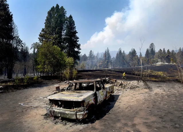 Tod McKay, spokesman for the Bitterroot National Forest, walks by a burned truck and shop at Dave Campbell's home in Judd Creek Hollow, Tuesday morning, August 2, 2016, in Hamilton, Mont. Both were burned by a wildfire fire that blew up Sunday near Hamilton, however, his house survived the fire. “We're just trying to get people out of the way now”, McKay told the Missoulian newspaper. “We can rebuild homes. We need to get people out of this area”. (Photo by Kurt Wilson/The Missoulian via AP Photo)