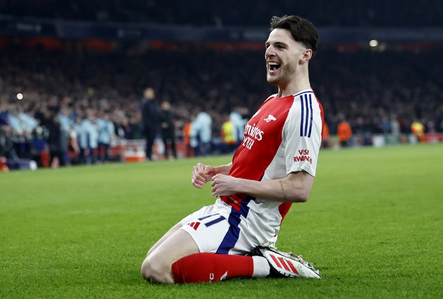 Declan Rice of Arsenal celebrates after scoring the opening goal during the UEFA Champions League league phase match between Arsenal FC and GNK Dinamo Zagreb, in London, Britain, 22 January 2025. (Photo by Tolga Akmen/EPA)