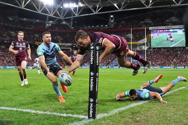 Precision: silver. Corey Oates of the Queensland Maroons scores a try during game one of the 2019 State of Origin series against the New South Wales Blues in Brisbane. (Photo by Cameron Spencer/Getty Images)