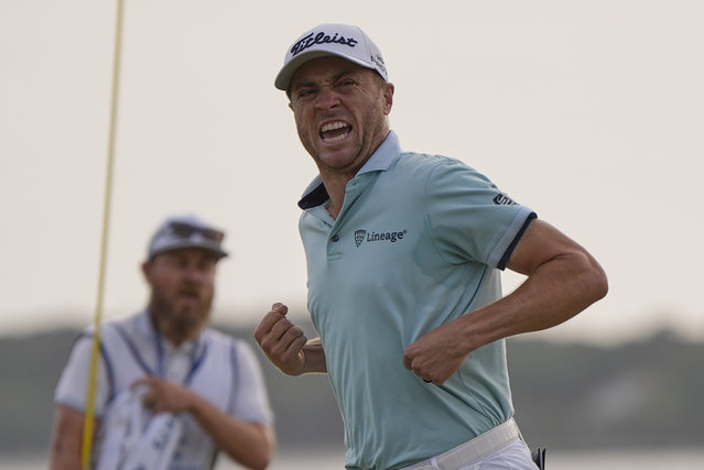 Justin Thomas celebrates after winning the RBC Heritage golf tournament, Sunday, April 20, 2025, in Hilton Head Island, S.C. (Photo by Mike Stewart/AP Photo)