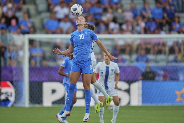 Iceland's Dagny Brynjarsdottir hits a header during the Euro 2025, group A, soccer match between Iceland and Finland at Arena Thun in Thun, Switzerland, Wednesday, July 2, 2025. (Photo by Alessandra Tarantino/AP Photo)
