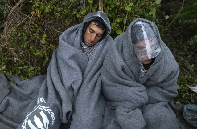 Migrants rest as they wait covered with blankets to cross the border with Croatia near the village of Berkasovo, Serbia, October 19, 2015. (Photo by Marko Djurica/Reuters)