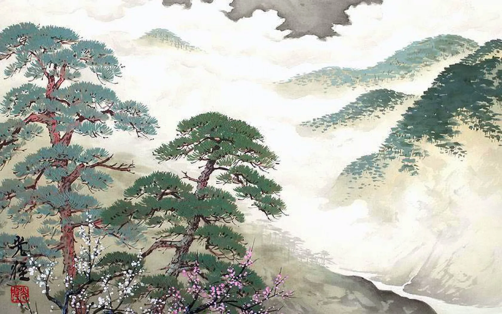 Китайская живопись горы сосны