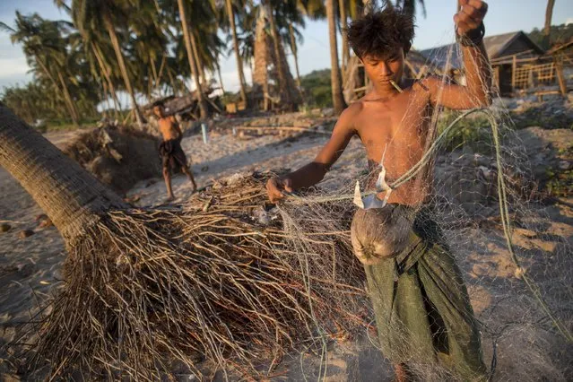 A young man removes debris, including a coconut, from his fishing net on the seashore in Kyaukpyu township, Rakhine state, Myanmar October 5, 2015. (Photo by Soe Zeya Tun/Reuters)