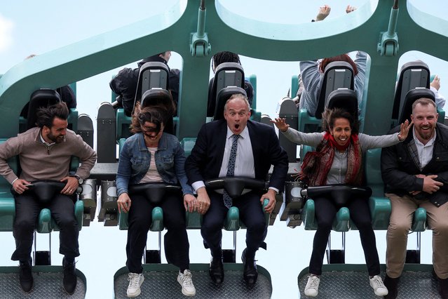 British leader of the Liberal Democrats party Ed Davey reacts as he sits on a ride called “Rush” during a Liberal Democrats general election campaign event at Thorpe Park in London, Britain on June 10, 2024. (Photo by Suzanne Plunkett/Reuters)