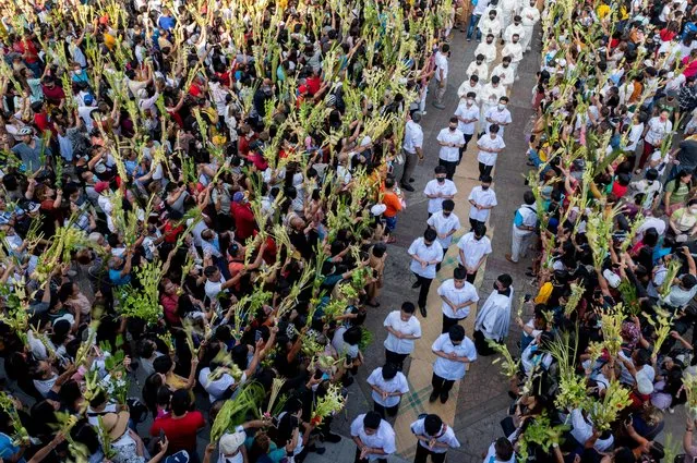 Filipino Catholics wave their palm fronds for blessing during a Palm Sunday mass at the Antipolo Cathedral in Antipolo City, Rizal province, Philippines on April 2, 2023. (Photo by Lisa Marie David/Reuters)