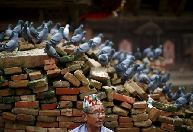 A man sits next to pigeons resting on a pile of bricks collected from the collapsed temple damaged during the earthquake at Hanumandhoka Durbar Square in Kathmandu, Nepal August 20, 2015. (Photo by Navesh Chitrakar/Reuters)