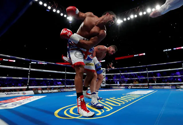 British boxer David Haye is on the receiving end against countryman Tony Bellew during their heavyweight rematch at the O2 Arena in London on May 5, 2018. (Photo by Andrew Couldridge/Reuters/Action Images)