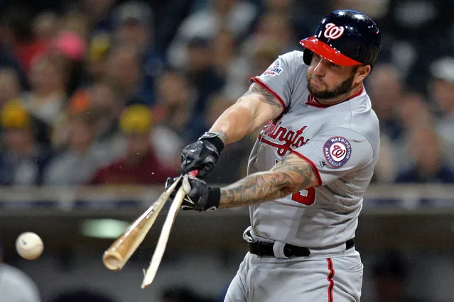 Washington Nationals first baseman Matt Adams (15) breaks his bat lining out in the seventh inning against the San Diego Padres at Petco Park in San Diego, CA, USA on May 9, 2018. (Photo by Jake Roth/Reuters/USA TODAY Sports)