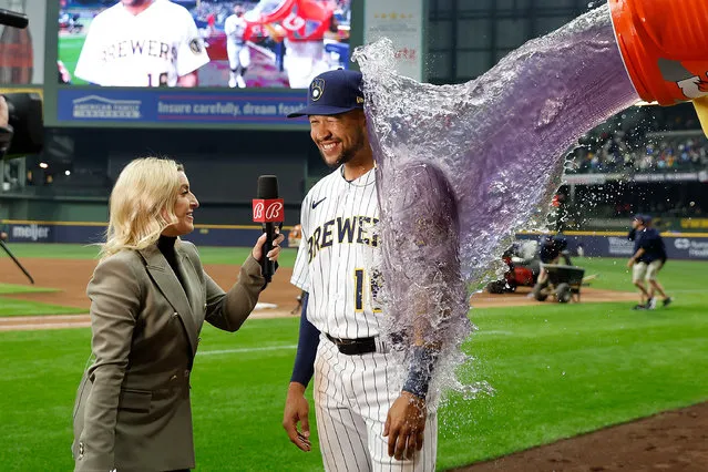 Blake Perkins #16 of the Milwaukee Brewers gets dunked with Gatorade after the Brewers defeated the Boston Red Sox at American Family Field on April 22, 2023 in Milwaukee, Wisconsin. (Photo by John Fisher/Getty Images)