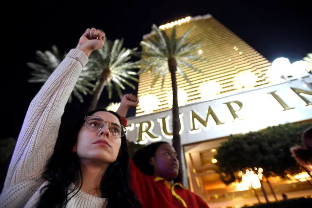 Demonstrators chant in protest against the election of Republican Donald Trump as President of the United States, at the Trump International Hotel & Tower in Las Vegas, Nevada, U.S. November 12, 2016. (Photo by David Becker/Reuters)