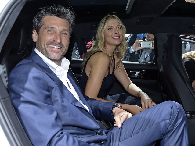 Maria Sharapova and Patrick Dempsey sit in the backseat of the new Porsche Panamera 4 E-Hybrid Executive at the Los Angeles Autoshow on November 16, 2016 in Los Angeles, California. (Photo by Kevork Djansezian/Getty Images for Porsche)