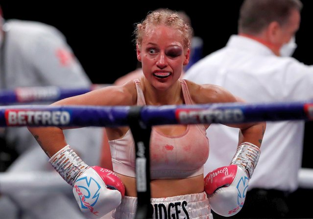 Australian professional boxer Ebanie Bridges after her fight against Shannon Courtenay during the WBA World Bantamweight Title match at Copperbox Arena in London, Britain on April 10, 2021. (Photo by Andrew Couldridge/Action Images via Reuters)