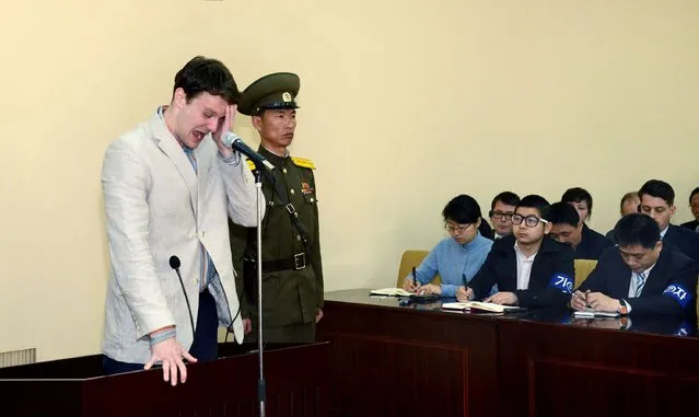 This picture taken and released from North Korea's official Korean Central News Agency (KCNA) on March 16, 2016 shows the trial of US student Otto Frederick Warmbier, who was arrested for committing hostile acts against North Korea, at the Supreme Court in Pyongyang. North Korea on March 16 sentenced an American student who admitted stealing a propaganda banner from a hotel to 15 years' hard labour for subversive activities, state media said. (Photo by AFP Photo/KCNA)