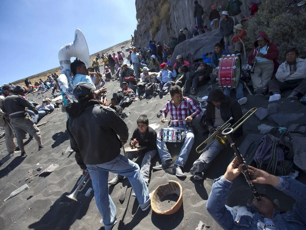 Pilgrims on the Slopes of Popocatepetl Volcano in Mexico