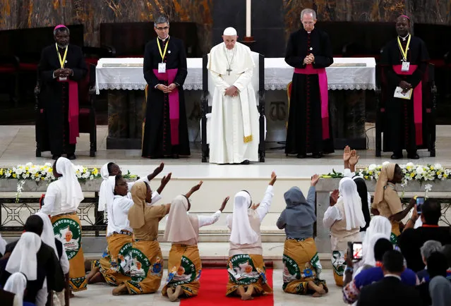 Pope Francis attends a meeting with clergy at the Cathedral of Our Lady of the Immaculate Conception in Maputo, Mozambique on September 5, 2019. (Photo by Yara Nardi/Reuters)