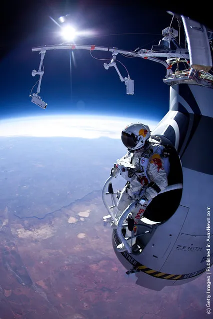 Pilot Felix Baumgartner of Austria is seen before his jump during the first manned test flight for Red Bull Stratos