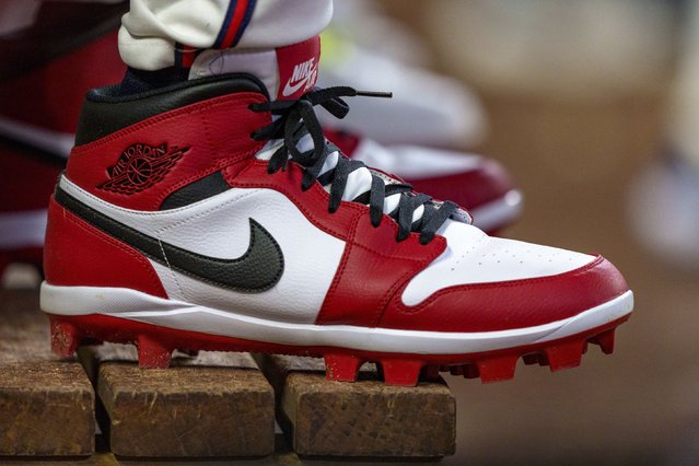 Atlanta Braves outfielder Jorge Soler (2) wears custom Nike Air Jordan cleats in the dugout during the seventh inning of a baseball game against the Colorado Rockies, Thursday, September 5, 2024, in Atlanta. (Photo by Jason Allen/AP Photo)