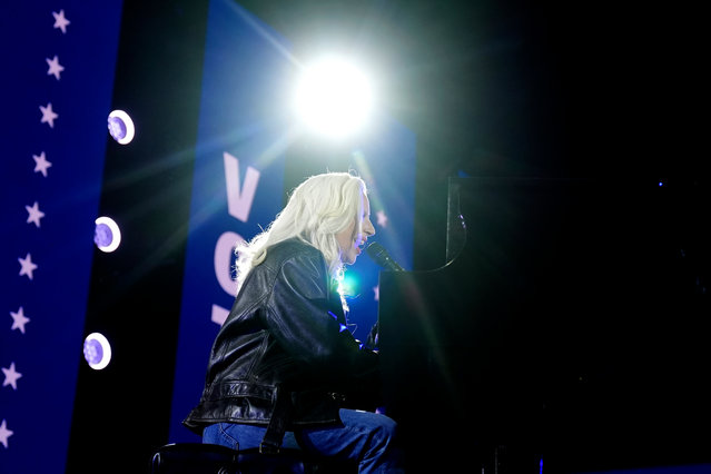 Lady Gaga performs during a campaign rally for Democratic presidential nominee Vice President Kamala Harris outside the Philadelphia Museum of Art, Monday, November 4, 2024, in Philadelphia. (Photo by Matt Rourke/AP Photo)