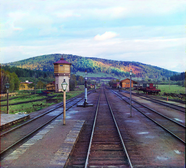 Photos by Sergey Prokudin-Gorsky. View from the rear platform of the Simskaia Station of the Samara-Zlatoust Railway. Russia, Ufa Province, Ufa uyezd (district), Simskaya station area, 1909