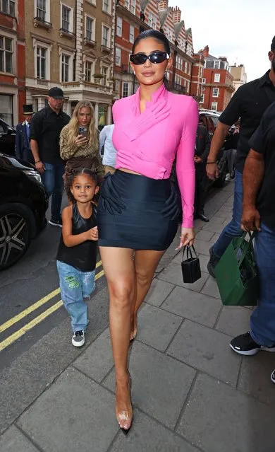 American media personality, socialite and model Kylie Jenner and daughter Stormi seen leaving Harrod's London after enjoying afternoon tea and a private shopping trip on August 4, 2022. (Photo by Backgrid USA)