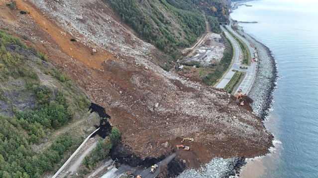 An aerial view of the area after the Black Sea Coastal Road has been closed to two-way traffic due to a landslide in Arhavi, Artvin, Turkiye on December 08, 2024. (Photo by Tamer Arslan/Anadolu via Getty Images)