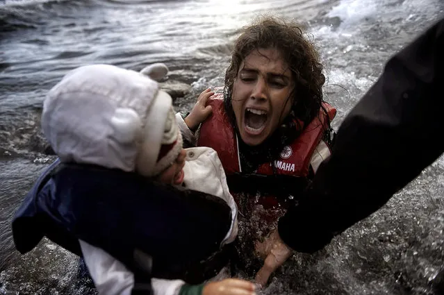  A woman falls into the water with her child as they disembark off a dinghi as refugees and migrants arrive at the Greek island of Lesbos after crossing the Aegean sea from Turkey, on October 2, 2015. Greece's prime minister told the United Nations on October 1, that Athens was doing all it could to help the refugee and migrant crisis, and criticized the building of walls to keep them out. Around 330,000 people, most of them Syrians, Iraqis and Afghans fleeing war, have arrived on Greek shores so far this year, with another 3,000 still arriving every day, UN figures show. (Photo by Aris Messinis/AFP Photo)