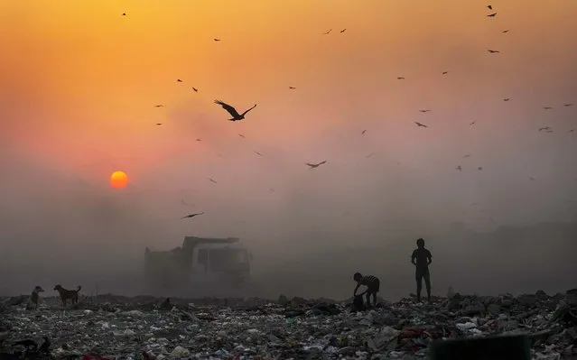 A thick blanket of smoke is seen against the setting sun as young ragpickers search for reusable material at a garbage dump in New Delhi, India, Friday, October 17, 2014. India launched the Air Quality Index Friday to measure air quality across the nation that is home to some of the most polluted cities in the world. It will measure eight major pollutants that impact respiratory health in cities with populations exceeding 1 million in the next five years and then gradually the rest of the country, Environment Minister Prakash told reporters. (Photo by Altaf Qadri/AP Photo)