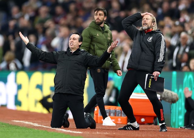 Unai Emery, Manager of Aston Villa, and Austin MacPhee, Assistant Manager of Aston Villa, react during the UEFA Champions League 2024/25 Quarter Final Second Leg match between Aston Villa FC and Paris Saint-Germain at Villa Park on April 15, 2025 in Birmingham, England. (Photo by Dan Istitene/Getty Images)