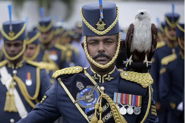 An officer in ceremonial uniform and carrying the units mascot – a hawk – attends the ceremonies for the inauguration of the 16th Commander of the Sri Lanka Air Force at the Sri Lanka Air Force headquarters in Colombo, Sri Lanka 14 September 2016., Air Marshal Kapila Jayampathy, a veteran military,  was appointed Commander of the Sri Lanka Air Force (SLAF) on 12 September. The new commander has taken part in a number of missions during the battle against the Liberation Tigers of Tamil Eelam (LTTE). (Photo by M.A.Pushpa Kumara/EPA)