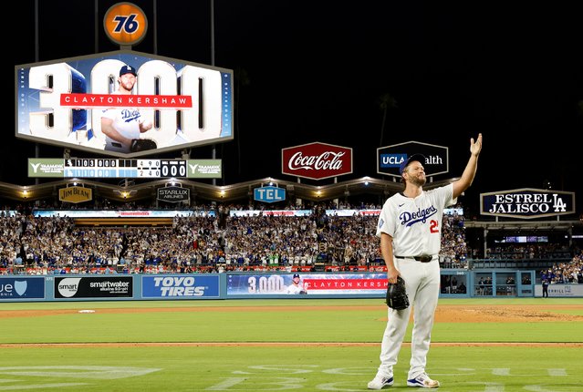 Clayton Kershaw #22 of the Los Angeles Dodgers celebrates after striking out Vinny Capra #41 of the Chicago White Sox during the sixth inning to record his 3,000th career strikeout at Dodger Stadium on July 02, 2025 in Los Angeles, California. (Photo by Ronald Martinez/Getty Images)