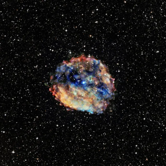Using Chandra and other X-ray observatories, astronomers have found evidence for what is likely one of the most extreme pulsars, or rotating neutron stars, ever detected. This composite image, released on September 8, 2016 shows RCW 103 and its central source 161348-5055 in three bands of X-rays detected by Chandra with low, medium, and high-energy X-rays colored red, green, and blue respectively. (The X-ray data have been combined with an optical image). The central source RCW 103 has properties of a magnetar, a highly magnetized neutron star, yet spins at the relatively slow rate of once about every six and a half hours. This would make it the slowest spinning neutron star ever detected. (Photo by Chandra X-Ray Observatory Center/NASA)