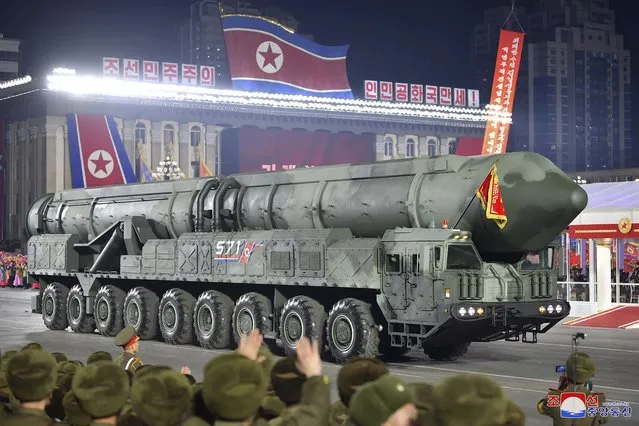 This photo provided by the North Korean government, shows what it says an intercontinental ballistic missile during a military parade to mark the 75th founding anniversary of the Korean People’s Army on Kim Il Sung Square in Pyongyang, North Korea Wednesday, February 8, 2023. (Photo by Korean Central News Agency/Korea News Service via AP Photo)