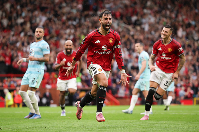 Bruno Fernandes of Manchester United celebrates after scoring their third goal to make the score 3-2 during the Premier League match between Manchester United and Burnley at Old Trafford on August 30, 2025 in Manchester, England. (Photo by Daniel Chesterton/Offside/Offside via Getty Images)