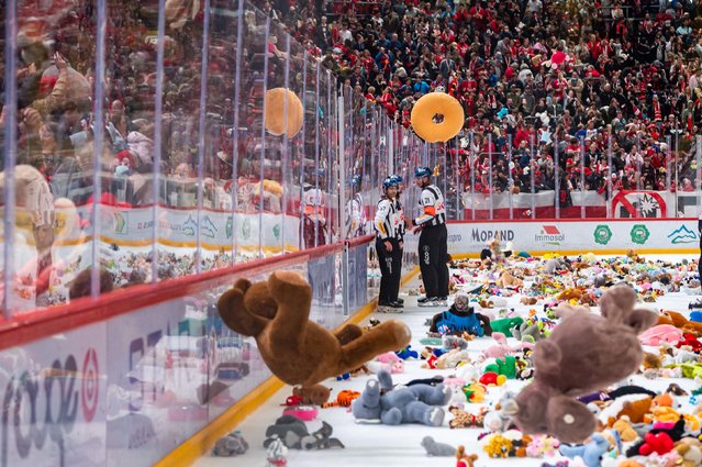Fans throw stuffed animals on the ice during a Swiss National League hockey game between Lausanne HC and SC Bern Lausanne, Switzerland, on Sunday, September 28, 2025. (Photo by Monika Majer/RvS.Media/Getty Images)